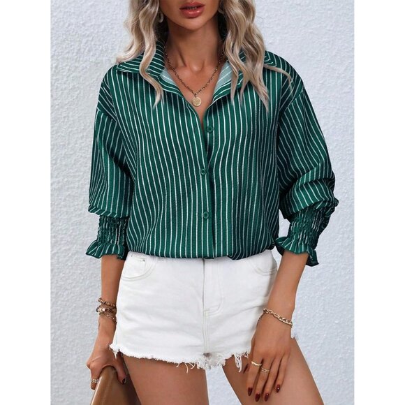 Womens Striped Button Long Sleeve Green Striped Oversized Collared Work Shirt - Picture 2 of 5